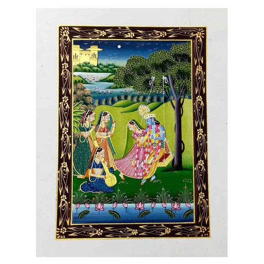 Front view handmade Radha Krishna love silk painting showcasing artisan hand art details