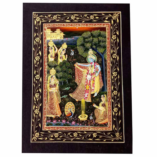 Front view Radha Krishna unwavering love silk miniature painting squirrel brush details