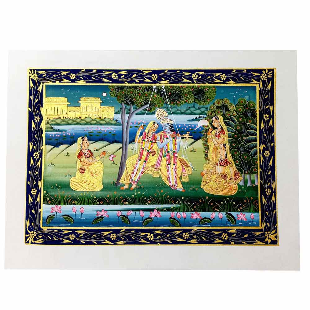 Front view Radha Krishna swinging silk miniature painting with Dasiya service details