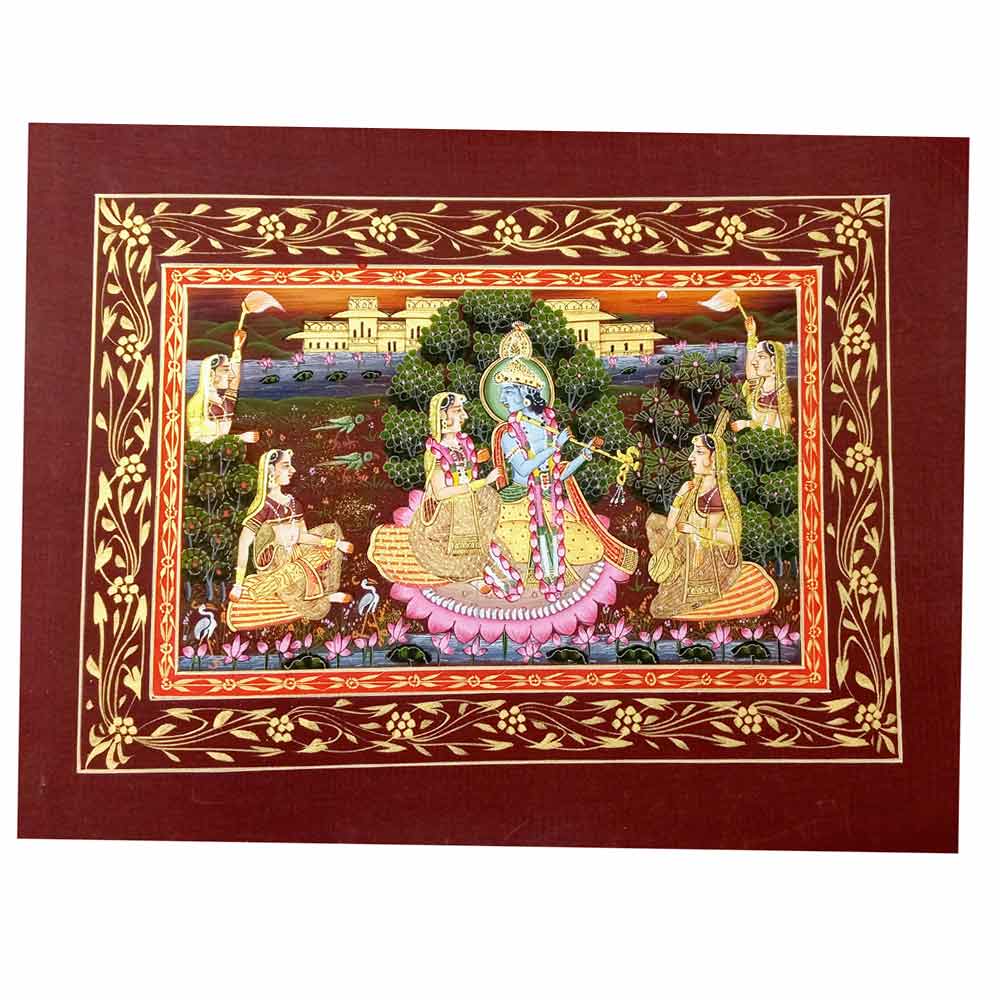 Front view of colorful Radha Krishna Vrindavan silk miniature painting with intricate brushwork
