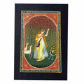 Front view handmade Rajasthani Ragini playing Veena silk painting with dancing peacock