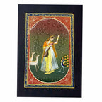 Front view handmade Rajasthani Ragini playing Veena silk painting with dancing peacock