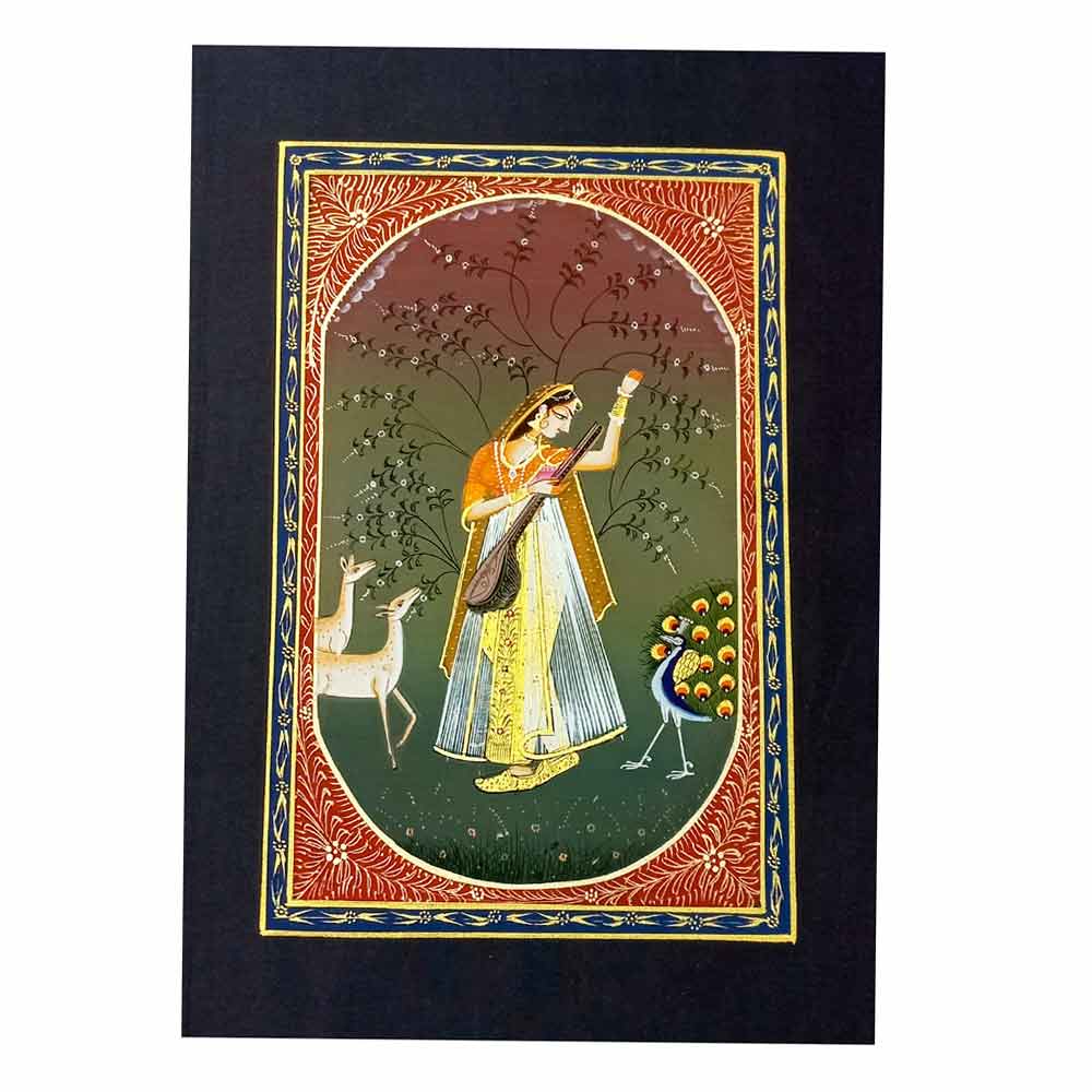 Front view handmade Rajasthani Ragini playing Veena silk painting with dancing peacock