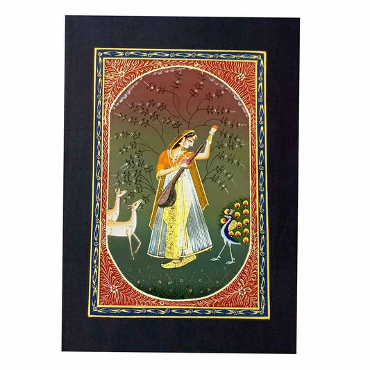 Front view handmade Rajasthani Ragini playing Veena silk painting with dancing peacock