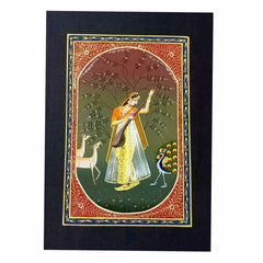 Front view handmade Rajasthani Ragini playing Veena silk painting with dancing peacock