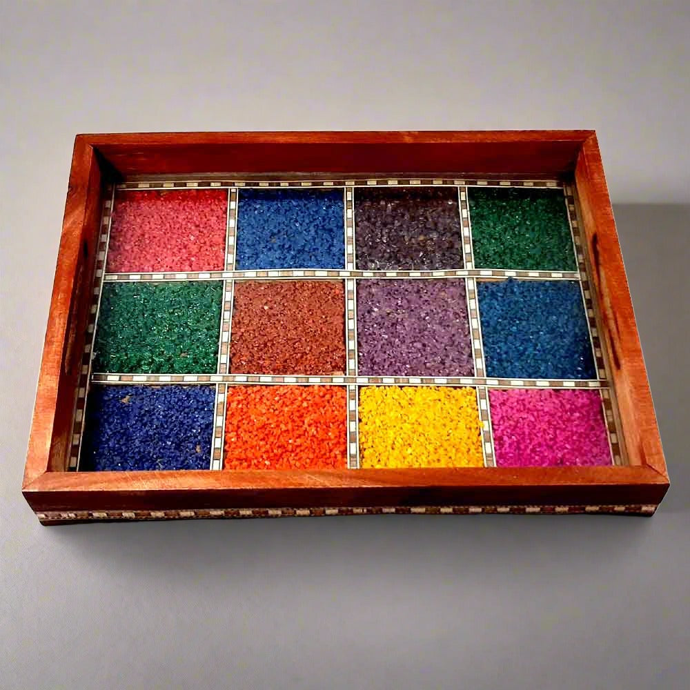 Rainbow inlay teak serving tray front view featuring 12 vibrant gemstones on shatterproof glass
