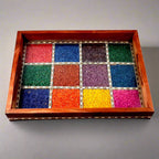 Rainbow inlay teak serving tray front view featuring 12 vibrant gemstones on shatterproof glass