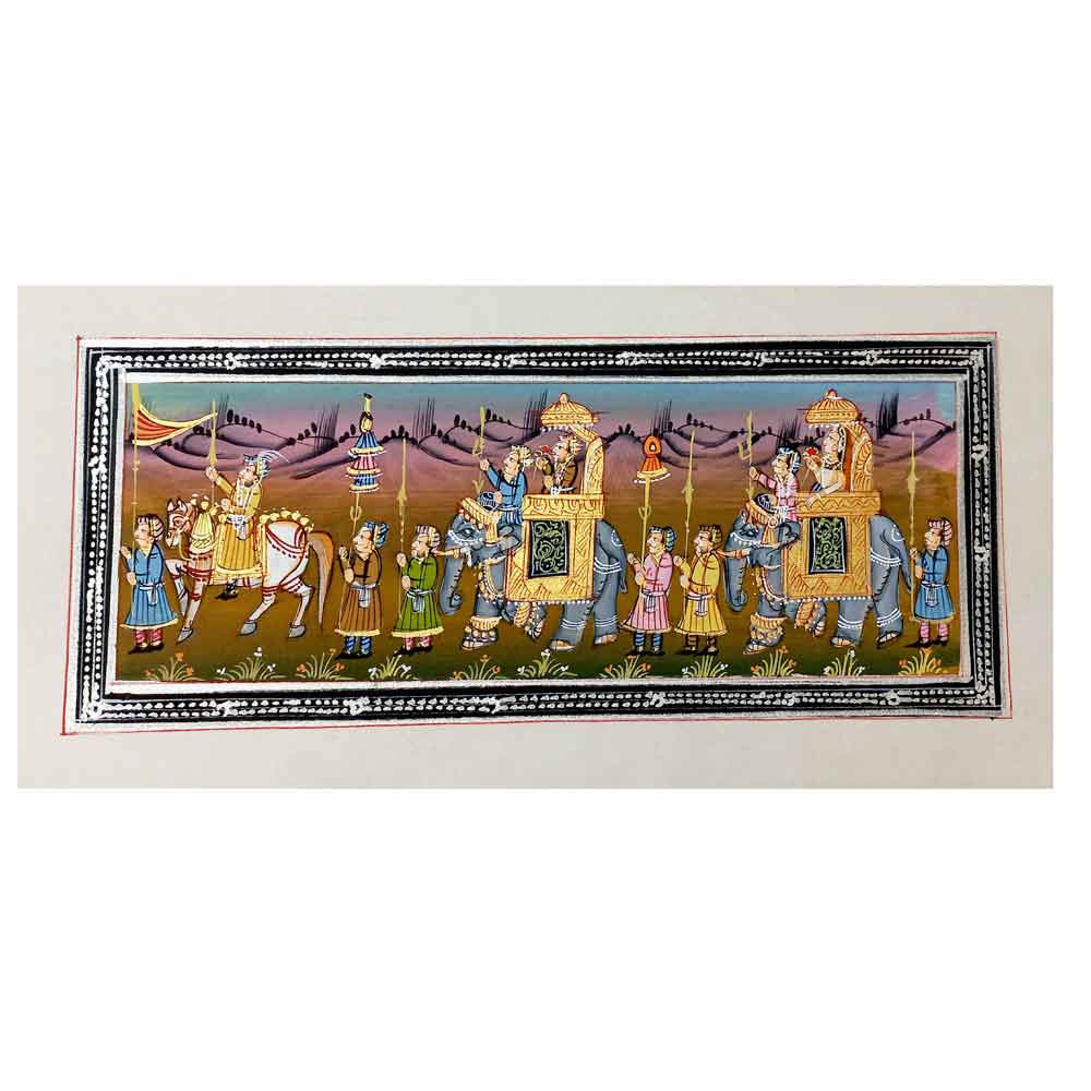 Front view of royal Raja Sawari miniature painting on pure silk with two Ambabari elephants