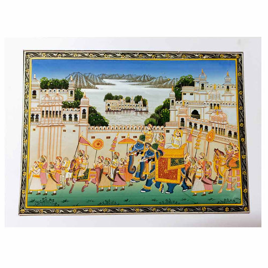 Front view royal Rajasawari procession silk painting with Ambabari elephant horse camel