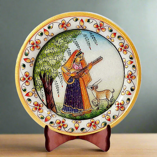 Traditional Rajasthani lady painting on round marble plate with embossed border and wooden stand