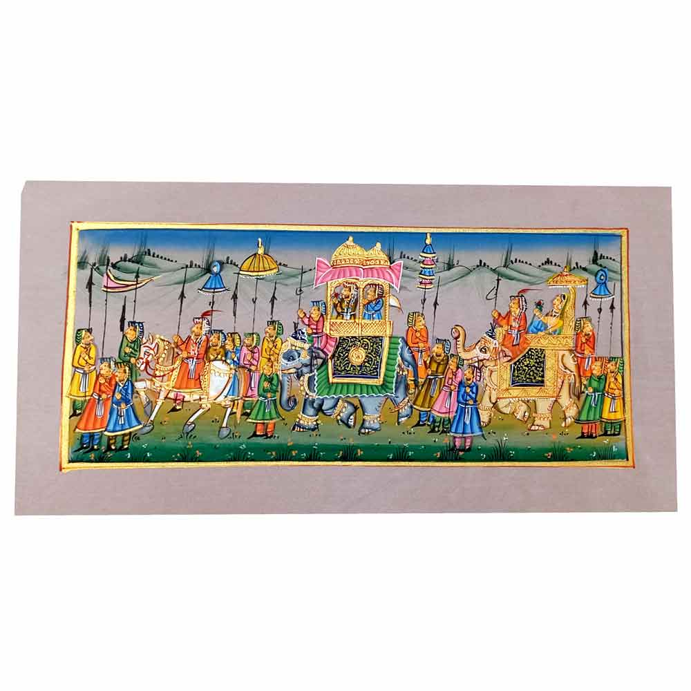 Front view famous Rajasthani miniature silk painting with elephants horses details