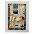 Close-up fine workmanship of seven figures in multicolor Mughal silk painting with golden accents
