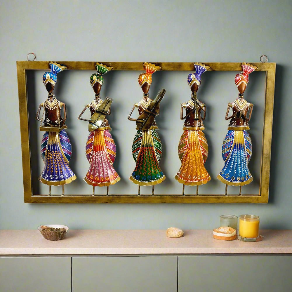 Rajasthani traditional art metal wall frame featuring musician men playing different musical instruments.
