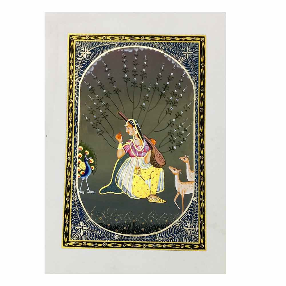 Front view spectacular Rajasthani Ragini silk miniature painting showcasing beauty details