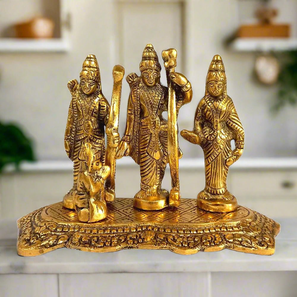 Handcrafted golden oxidised Ram Darbar idol with Lord Ram, Sita, Lakshman & Hanuman, 13cm spiritual decor.