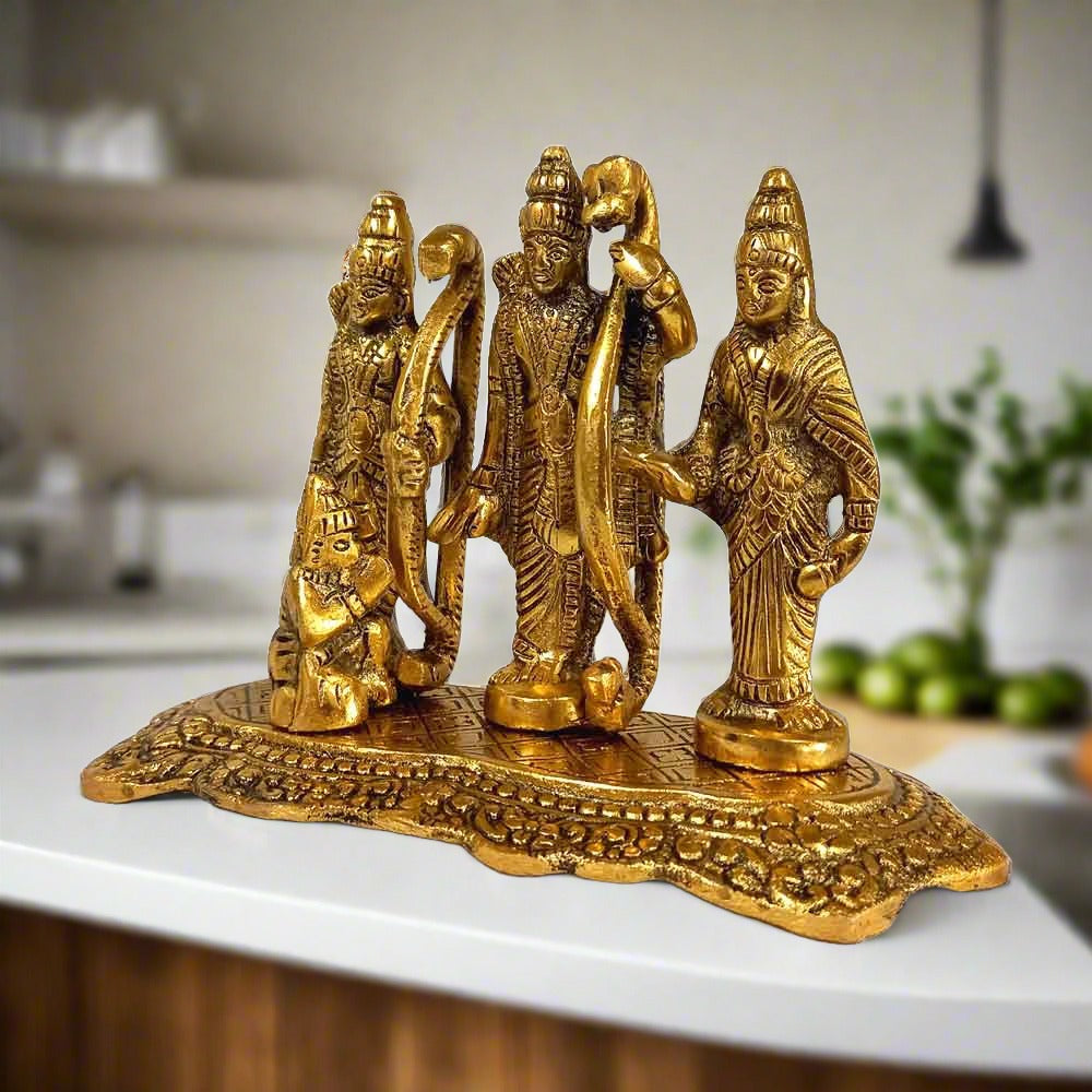 Complete Ram Darbar murti 13x18x8cm dimensions, golden oxidised finish for pooja room elegance.