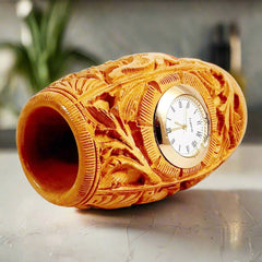 A round wooden clock and pen holder, a perfect multi-utility gift item for any occasion.