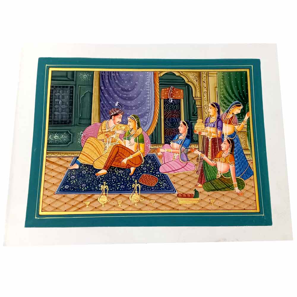 Front view spectacular royal Mughal watercolor silk painting by Rajasthan rural artists