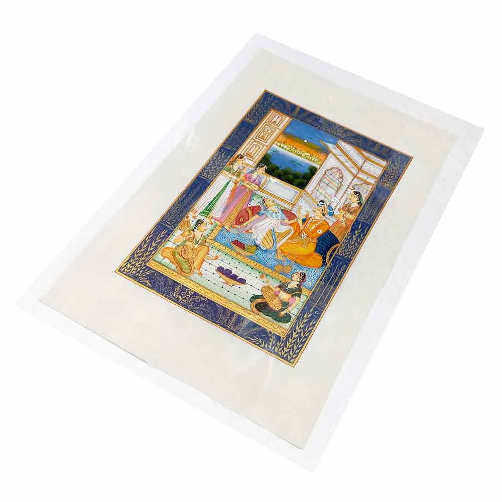 Detailed seven figures depiction in authentic Rajasthan handmade Mughal Empire silk painting