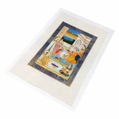 Detailed seven figures depiction in authentic Rajasthan handmade Mughal Empire silk painting