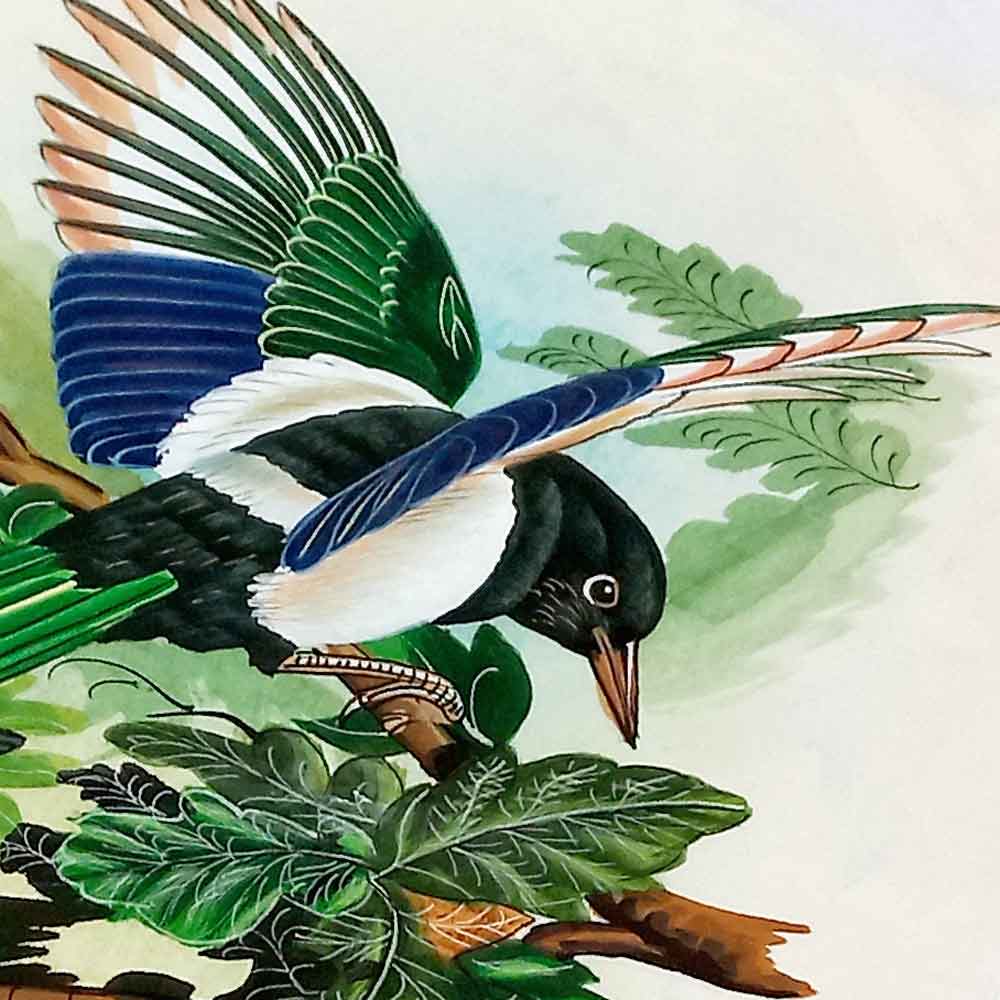 Close-up intricate color shading birds flowers traditional Jaipur miniature details