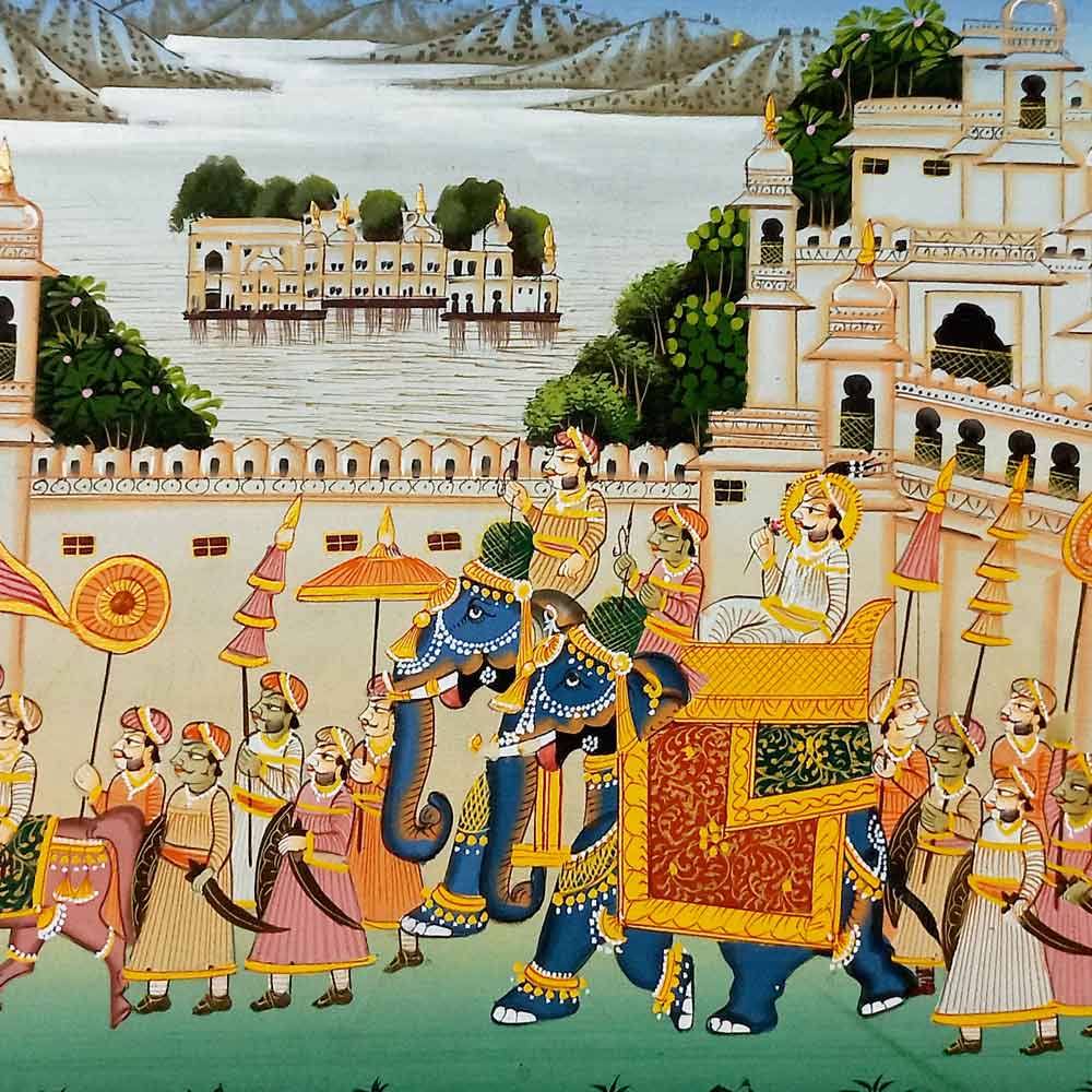 Close-up Ambabari elephant soldiers luxury details traditional watercolor squirrel brush art