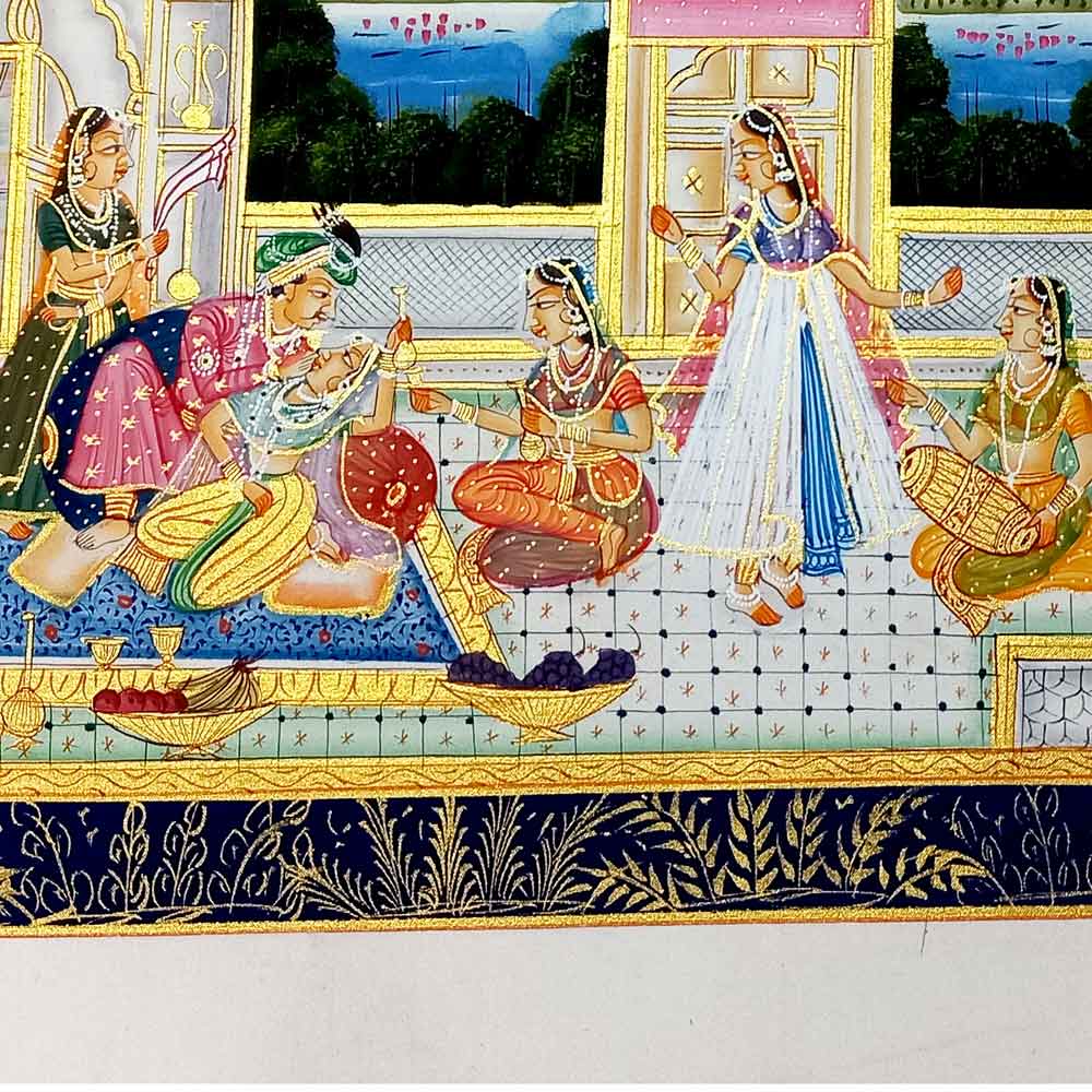 Close-up king queen liquor service music dance details in watercolor squirrel hair brush art