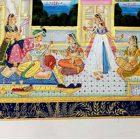 Close-up king queen liquor service music dance details in watercolor squirrel hair brush art