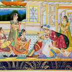 Close-up detailed king queens palace decorations golden border in watercolor silk art