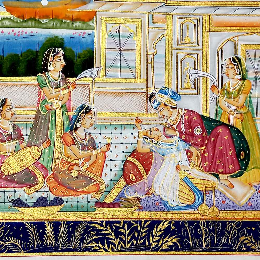 Close-up detailed king queens palace decorations golden border in watercolor silk art