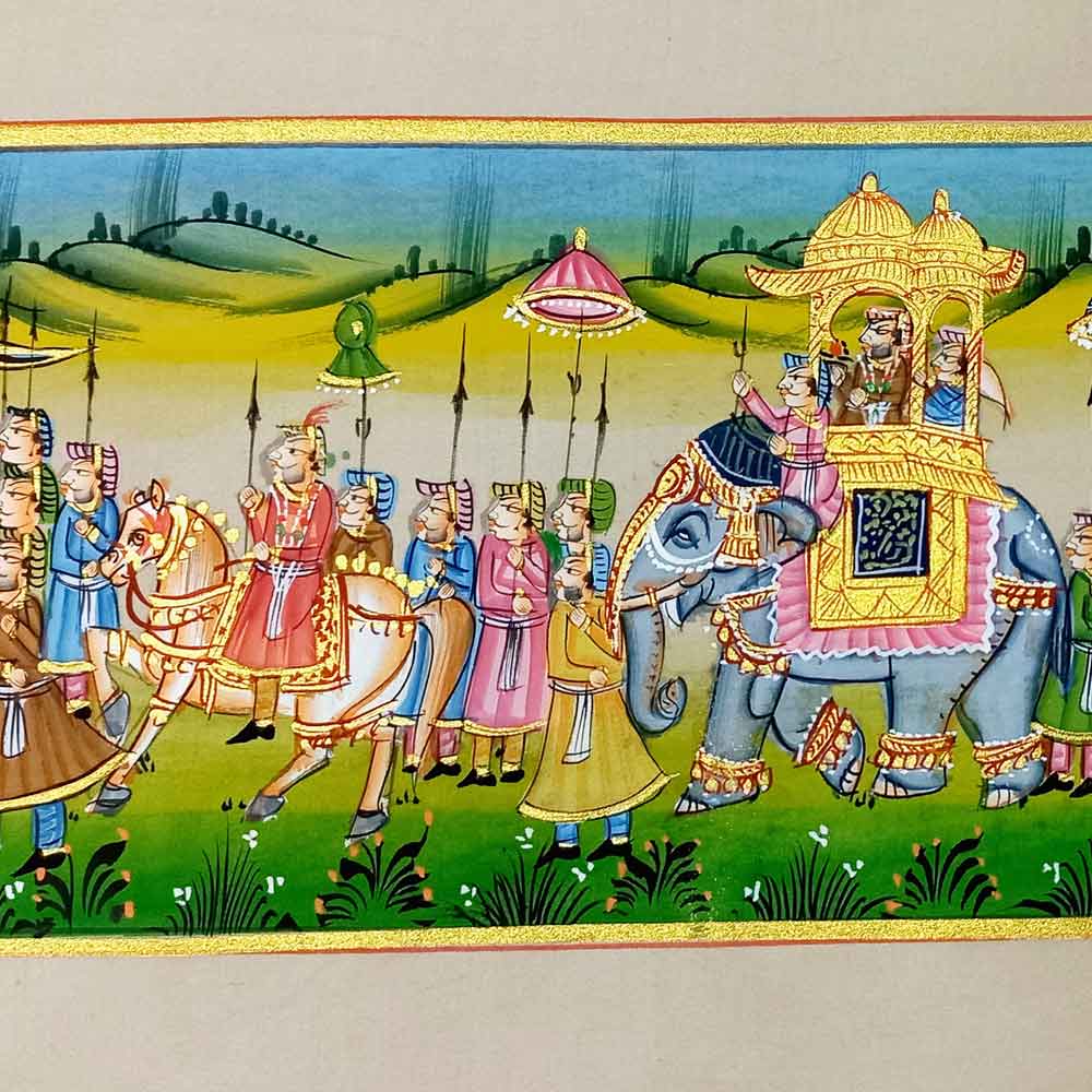Close-up fine art detail showing 25 human figures, horse, camel in traditional miniature painting