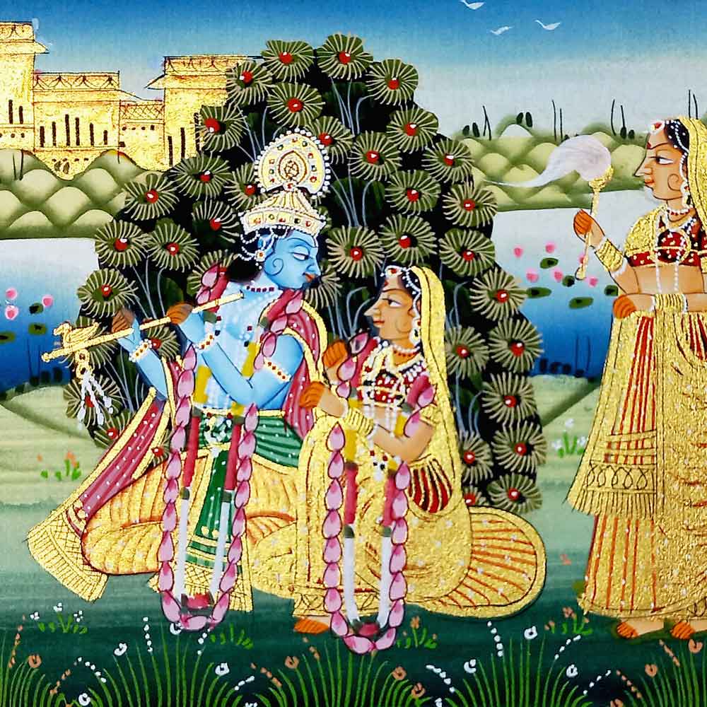 Close-up gold work, palace, river, lotus details in handcrafted Radha Krishna silk painting