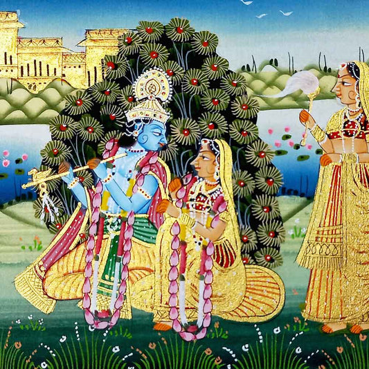 Close-up gold work, palace, river, lotus details in handcrafted Radha Krishna silk painting