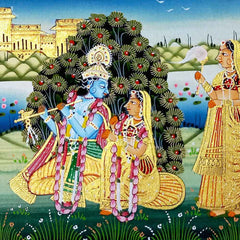 Close-up gold work, palace, river, lotus details in handcrafted Radha Krishna silk painting