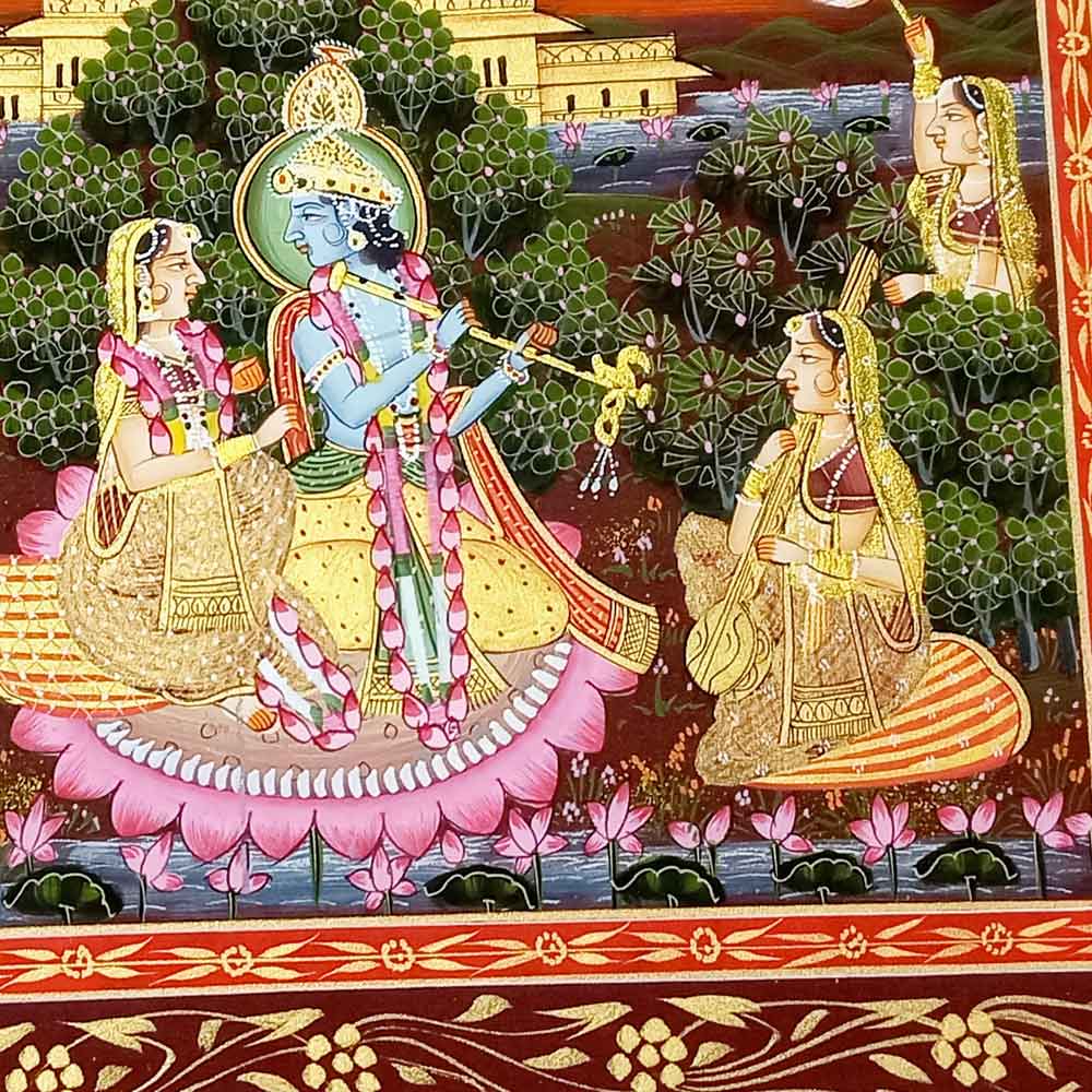 Close-up Gopiya Dasiya details and natural colors in handmade Vrindavan silk miniature art