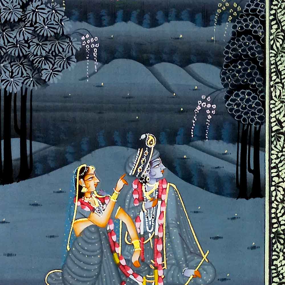 Close-up trees plants waterfalls palaces birds in beautiful night moonlight silk art