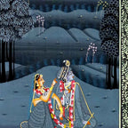 Close-up trees plants waterfalls palaces birds in beautiful night moonlight silk art