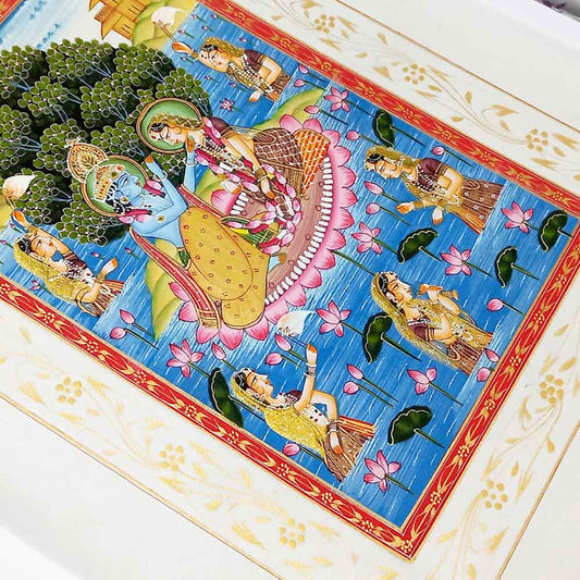 Close-up serene pond lotus flowers opulent palace floral borders silk artwork