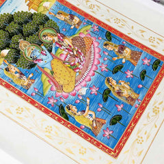 Close-up serene pond lotus flowers opulent palace floral borders silk artwork