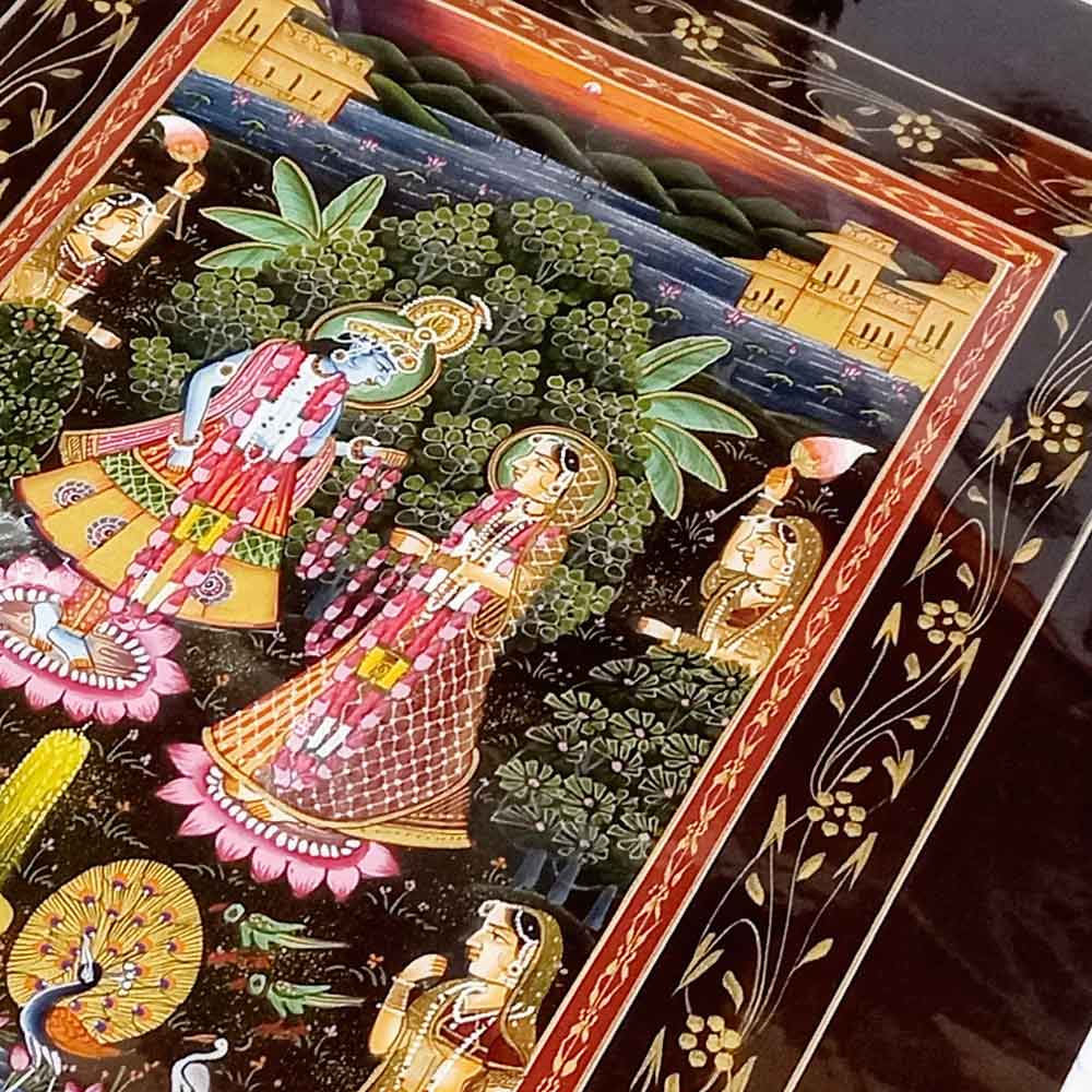 Close-up real gold watercolor trees birds palaces traditional love story details