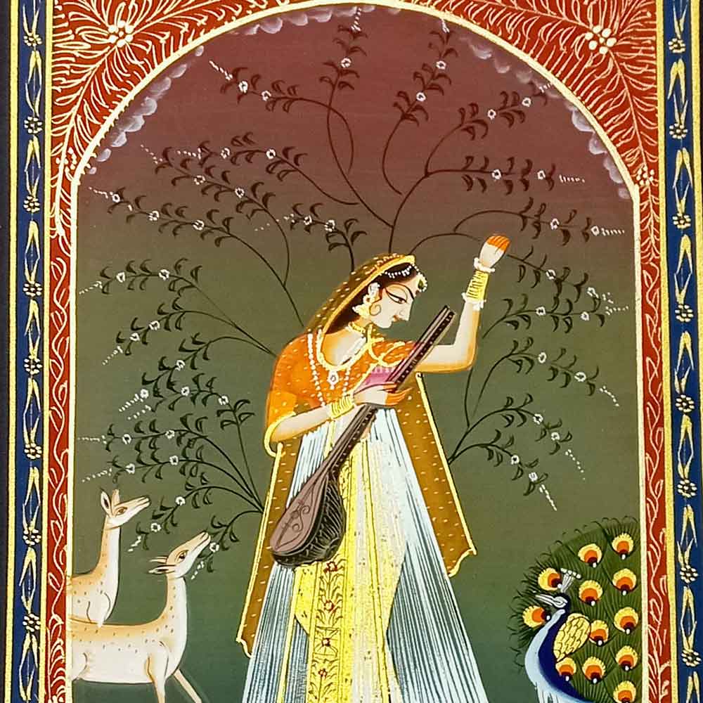 Close-up dancing peacock two deer lush trees flowers in traditional watercolor silk art