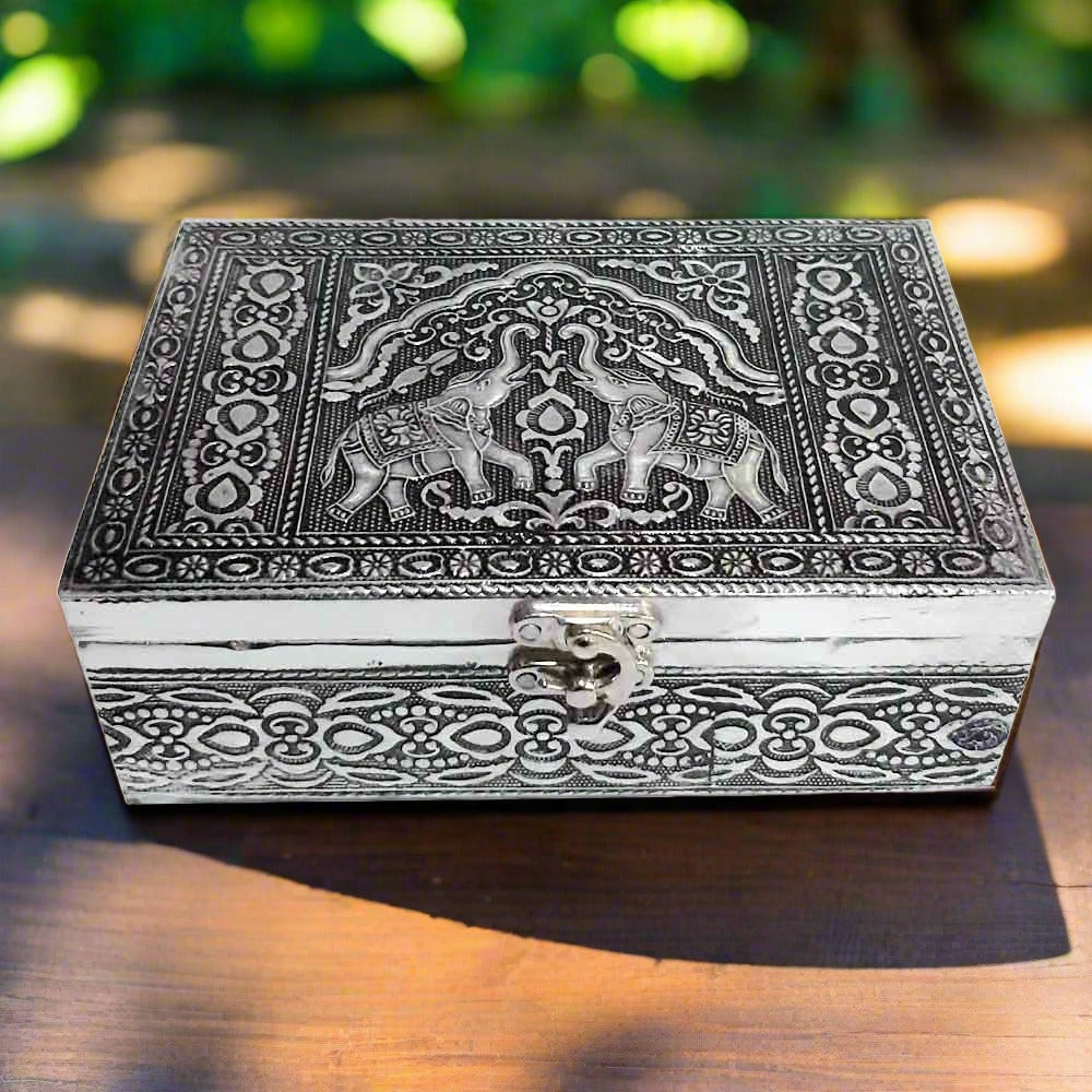 Front view of wooden metal jewelry box with silver oxidized elephant and floral design
