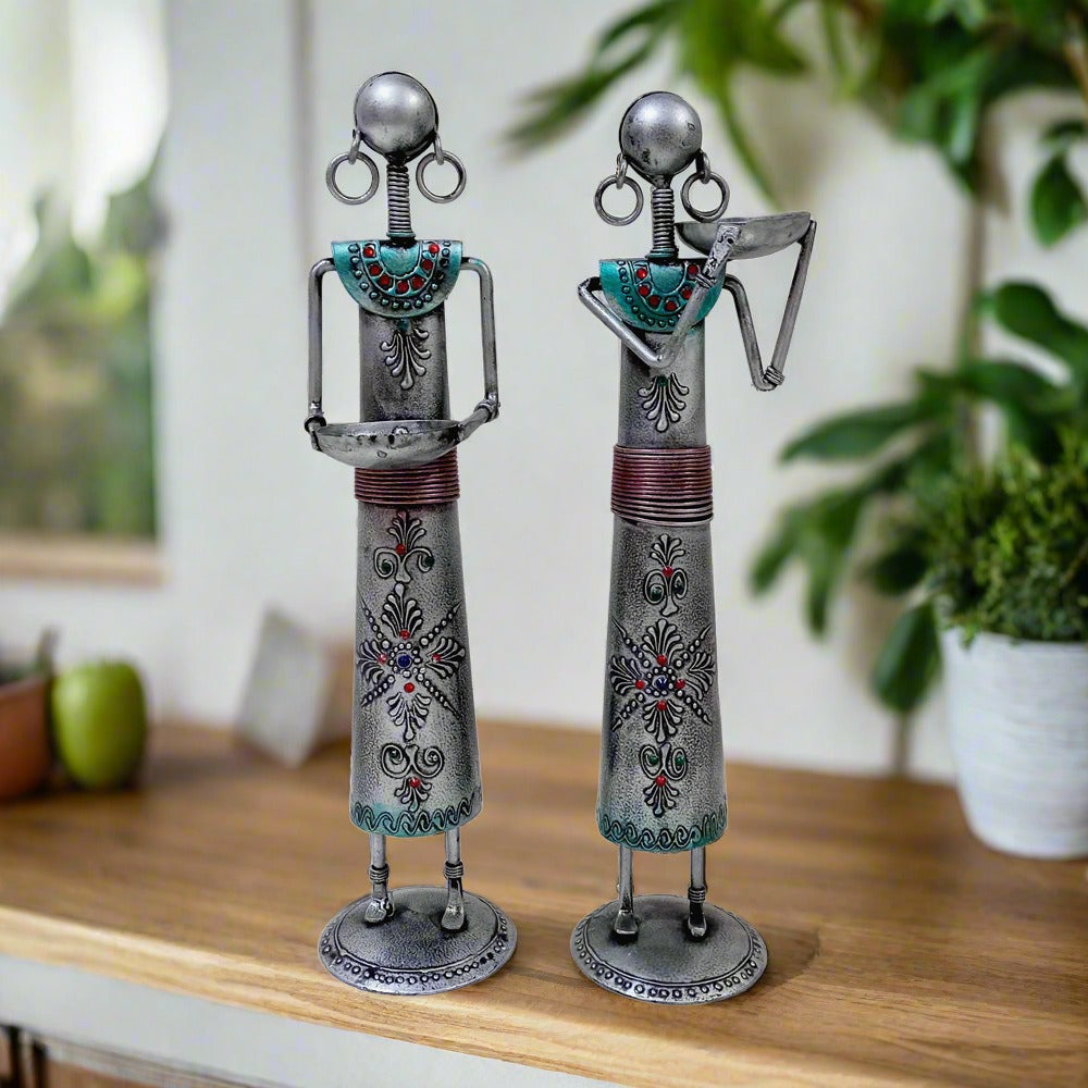 Silver oxidized metal tribal lady candle holders with beautiful emboss painting, traditional Indian art for home and office decor.