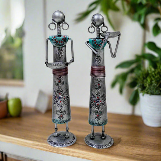 Silver oxidized metal tribal lady candle holders with beautiful emboss painting, traditional Indian art for home and office decor.