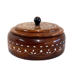 Close-up top lid detail of handcrafted Sisam wood spice box with elegant inlay design