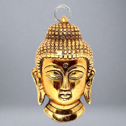 Small metal Buddha head wall hanging with long-lasting golden oxidize polish, ideal for return gifts.