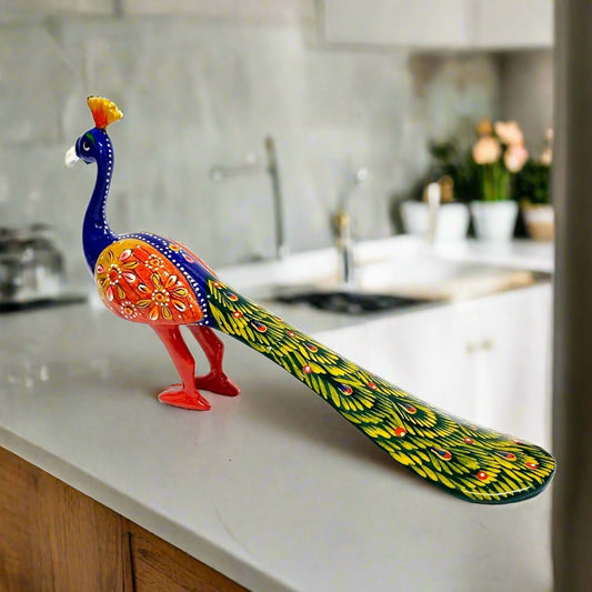 Solid metal peacock figurine with colorful enamel painting and stonework, perfect for tabletop and office display