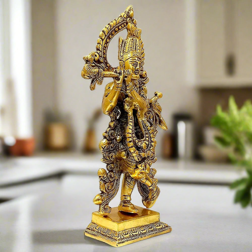 A beautiful standing flute-playing Krishna statue with a very different and unique texture and carving.