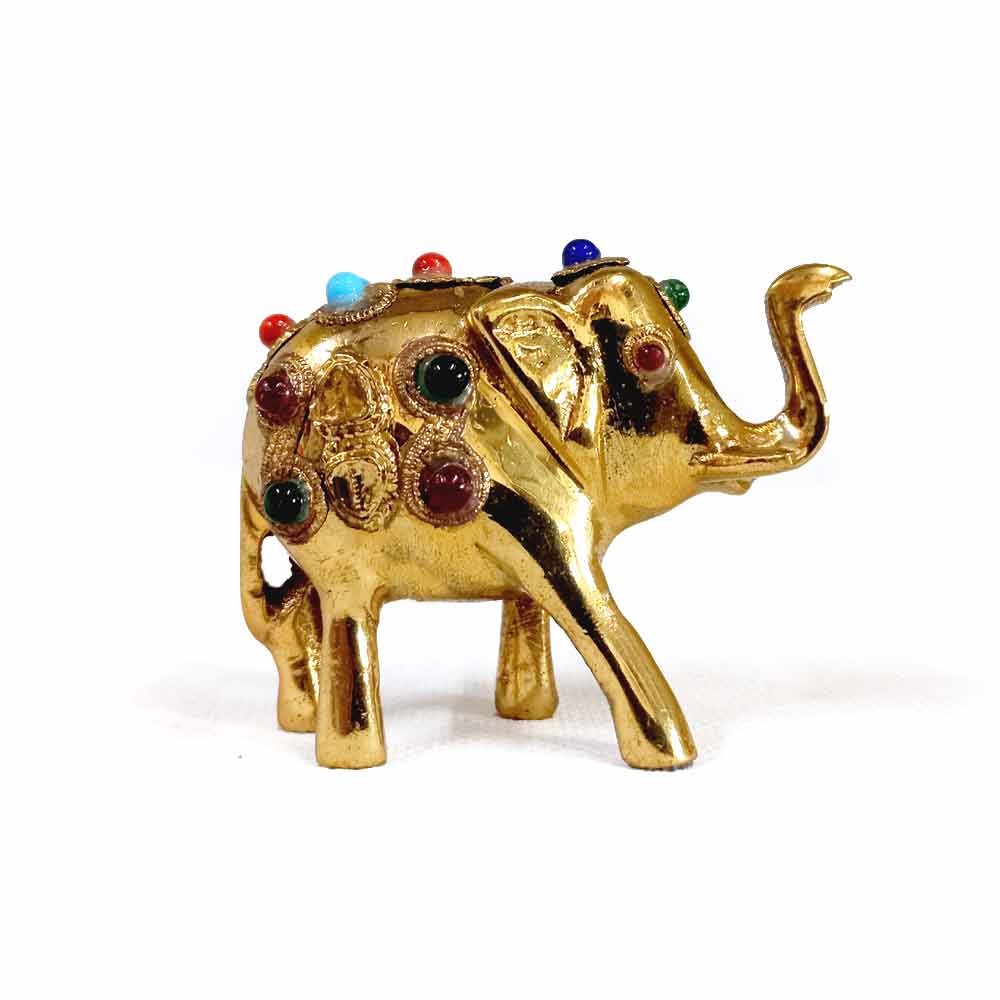Adorable mini brass elephant figurine with gemstone embellishments, auspicious gifting choice.