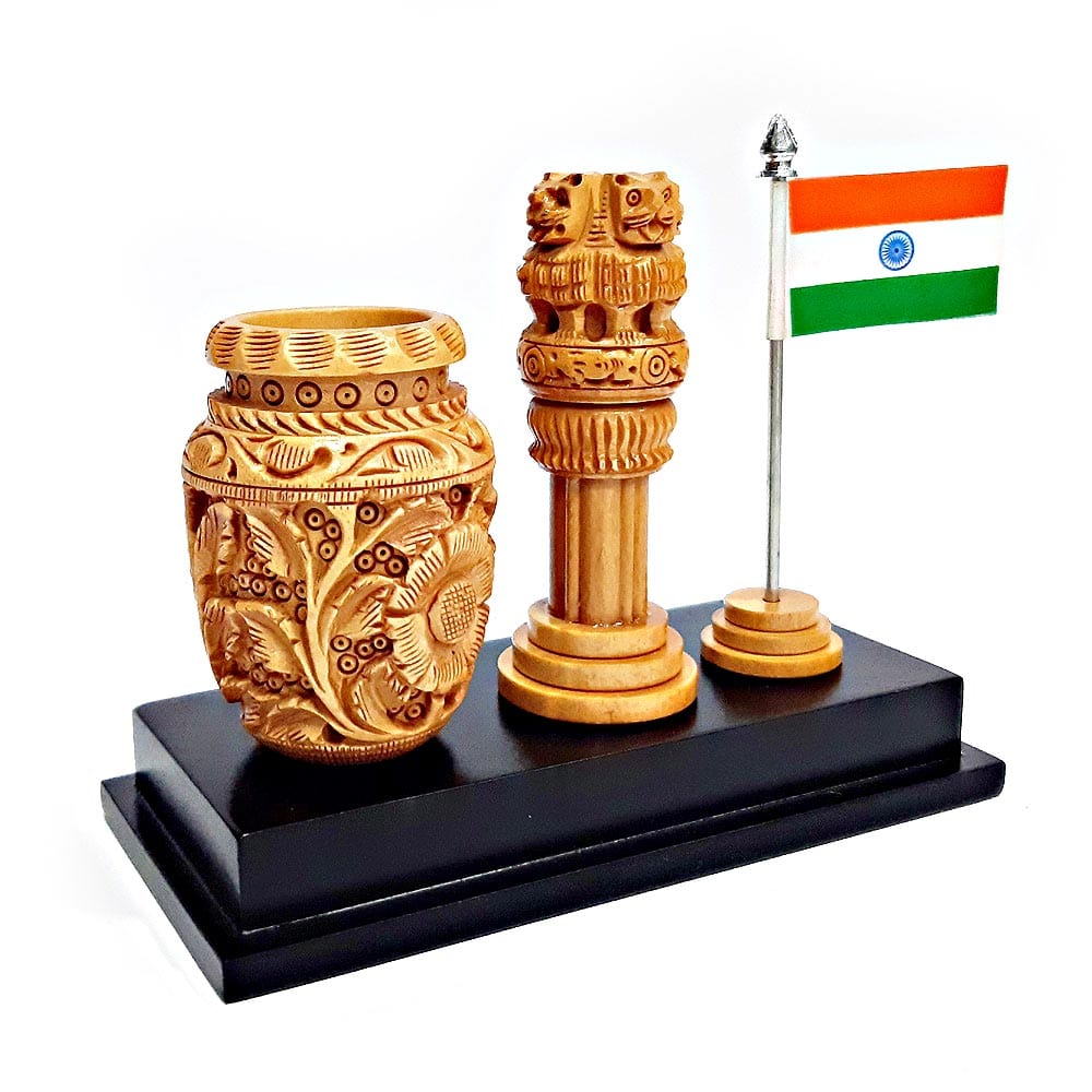 Wooden Pen Stand with Ashoka Pillar & Flag of India - kkgiftstore